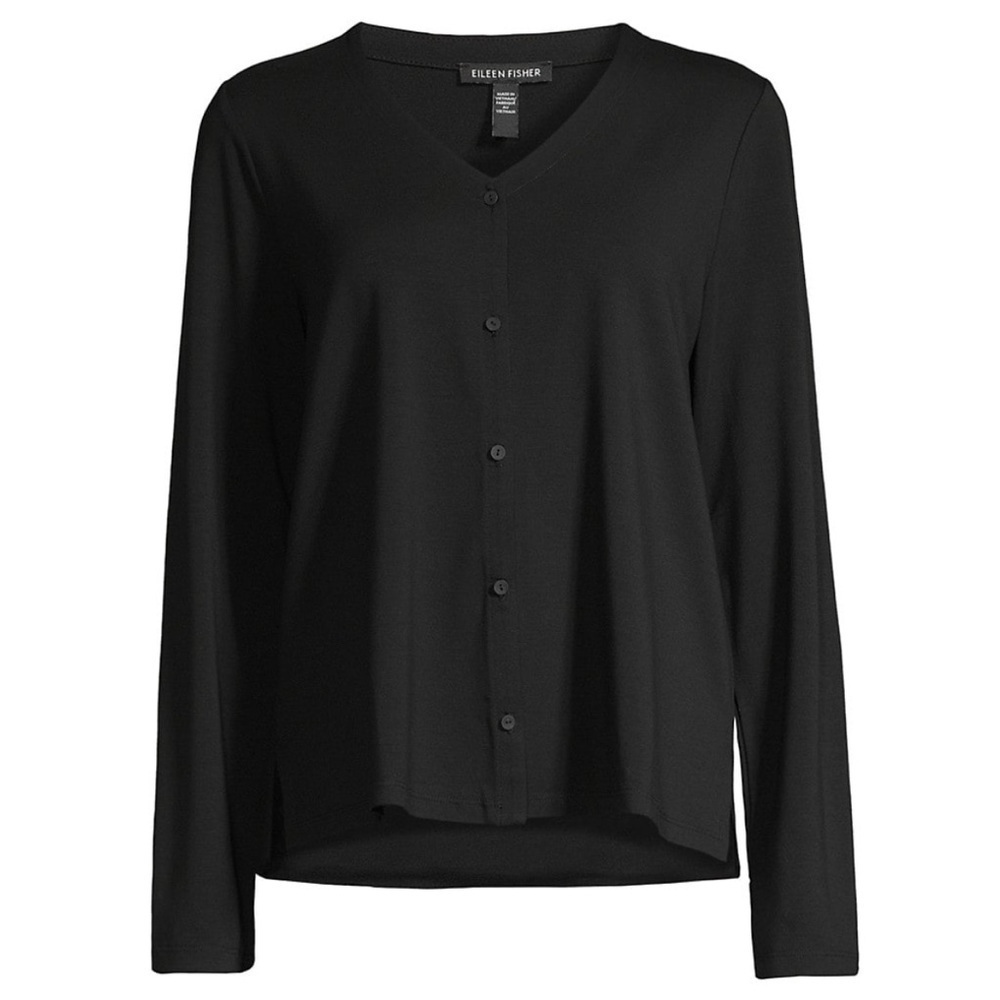 Eileen Fisher V-Neck Button-down Blouse in Black - Picture 2 of 7